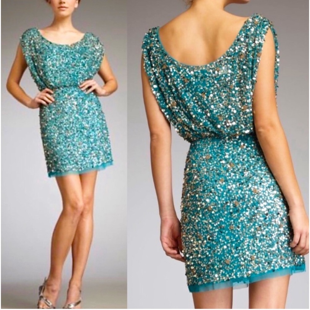 Aidan Mattox Teal Cocktail Dress with Gold Sequins